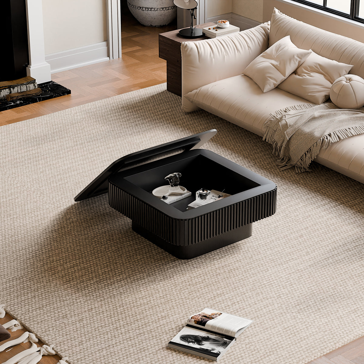 Square Coffee Table with Storage Solid Wood Veneered Modern Coffee Table Accent Tea Table for Living Room, Bedroom, Apartment or Office - Sonkuki