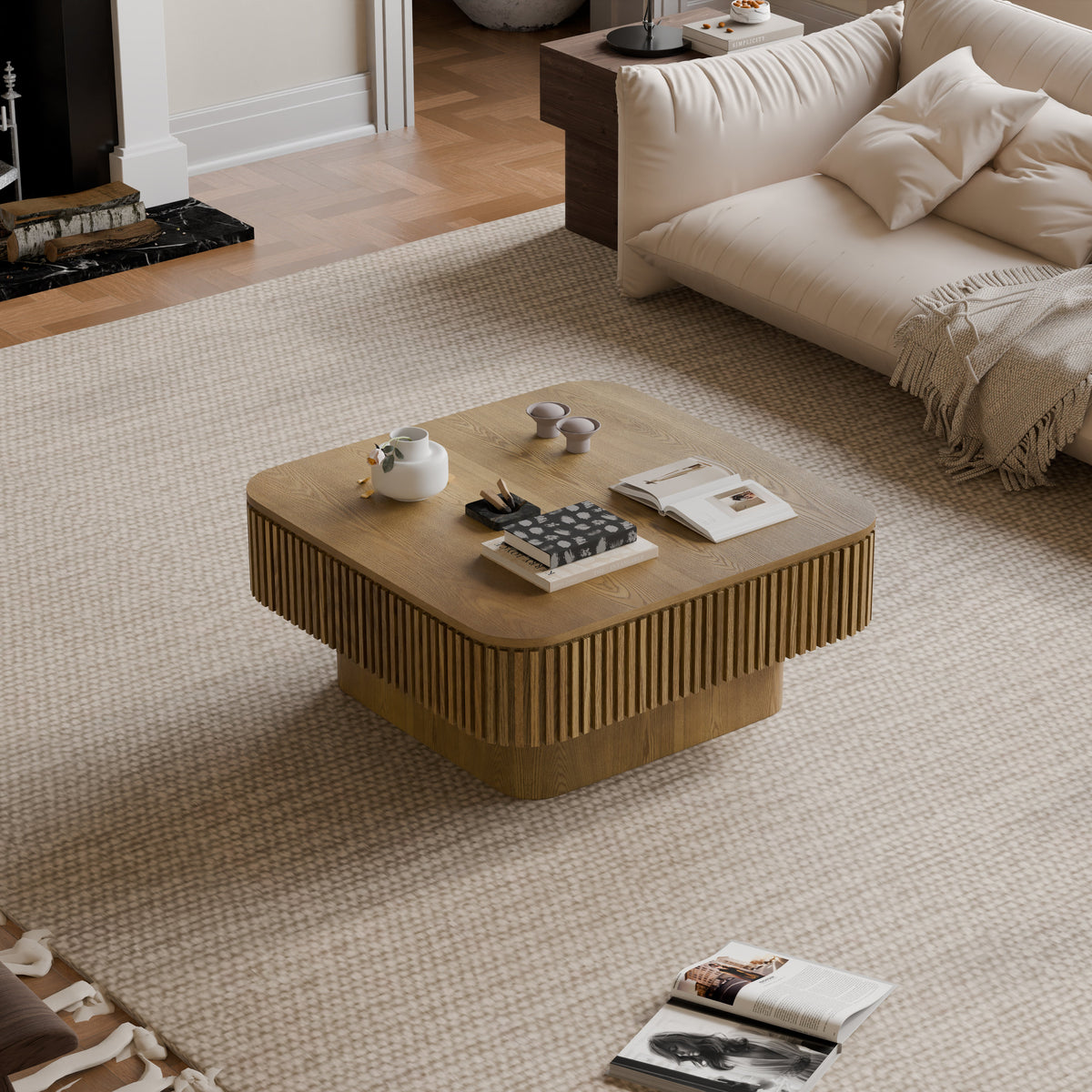 Square Coffee Table with Storage Solid Wood Veneered Modern Coffee Table Accent Tea Table for Living Room, Bedroom, Apartment or Office - Sonkuki