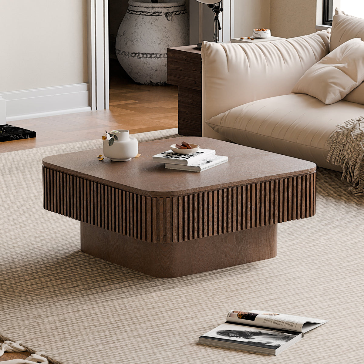 Square Coffee Table with Storage Solid Wood Veneered Modern Coffee Table Accent Tea Table for Living Room, Bedroom, Apartment or Office - Sonkuki