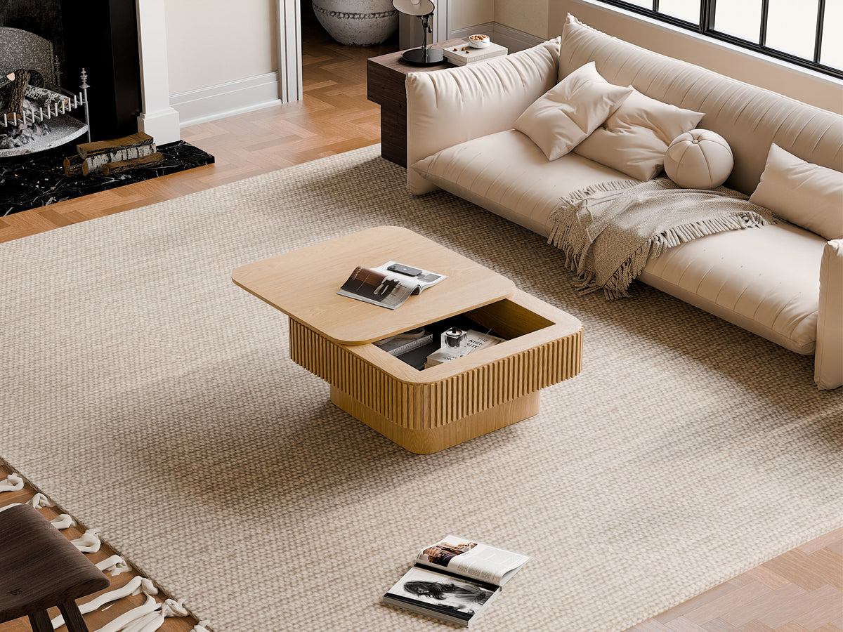 Square Coffee Table with Storage Solid Wood Veneered Modern Coffee Table Accent Tea Table for Living Room, Bedroom, Apartment or Office - Sonkuki
