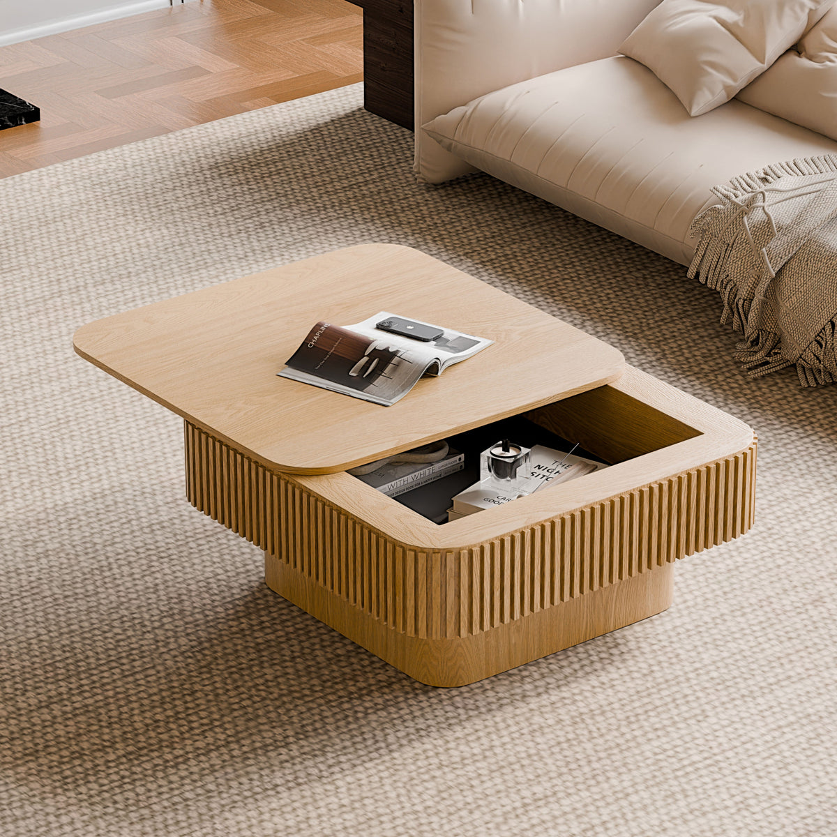 Square Coffee Table with Storage Solid Wood Veneered Modern Coffee Table Accent Tea Table for Living Room, Bedroom, Apartment or Office - Sonkuki