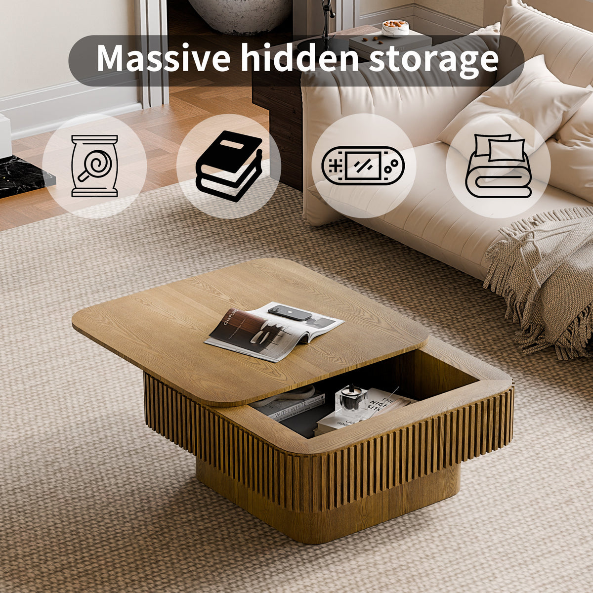 Square Coffee Table with Storage Solid Wood Veneered Modern Coffee Table Accent Tea Table for Living Room, Bedroom, Apartment or Office - Sonkuki