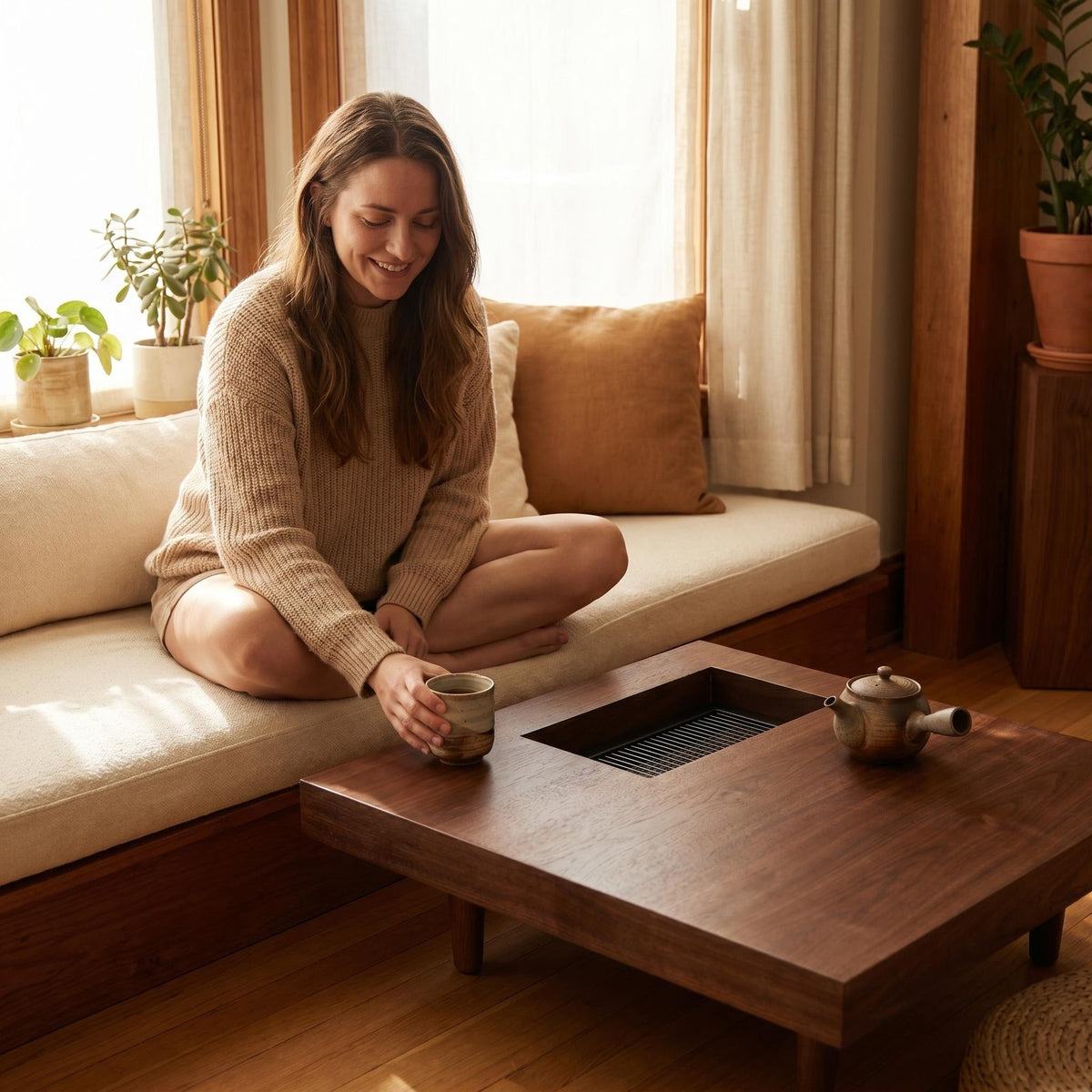 Square wooden coffee table, 34.5 inches, with storage; walnut coffee table suitable for the living room, bedroom or office - Sonkuki