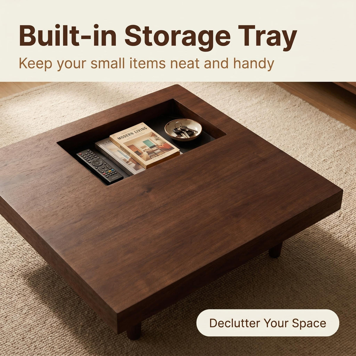Square wooden coffee table, 34.5 inches, with storage; walnut coffee table suitable for the living room, bedroom or office - Sonkuki