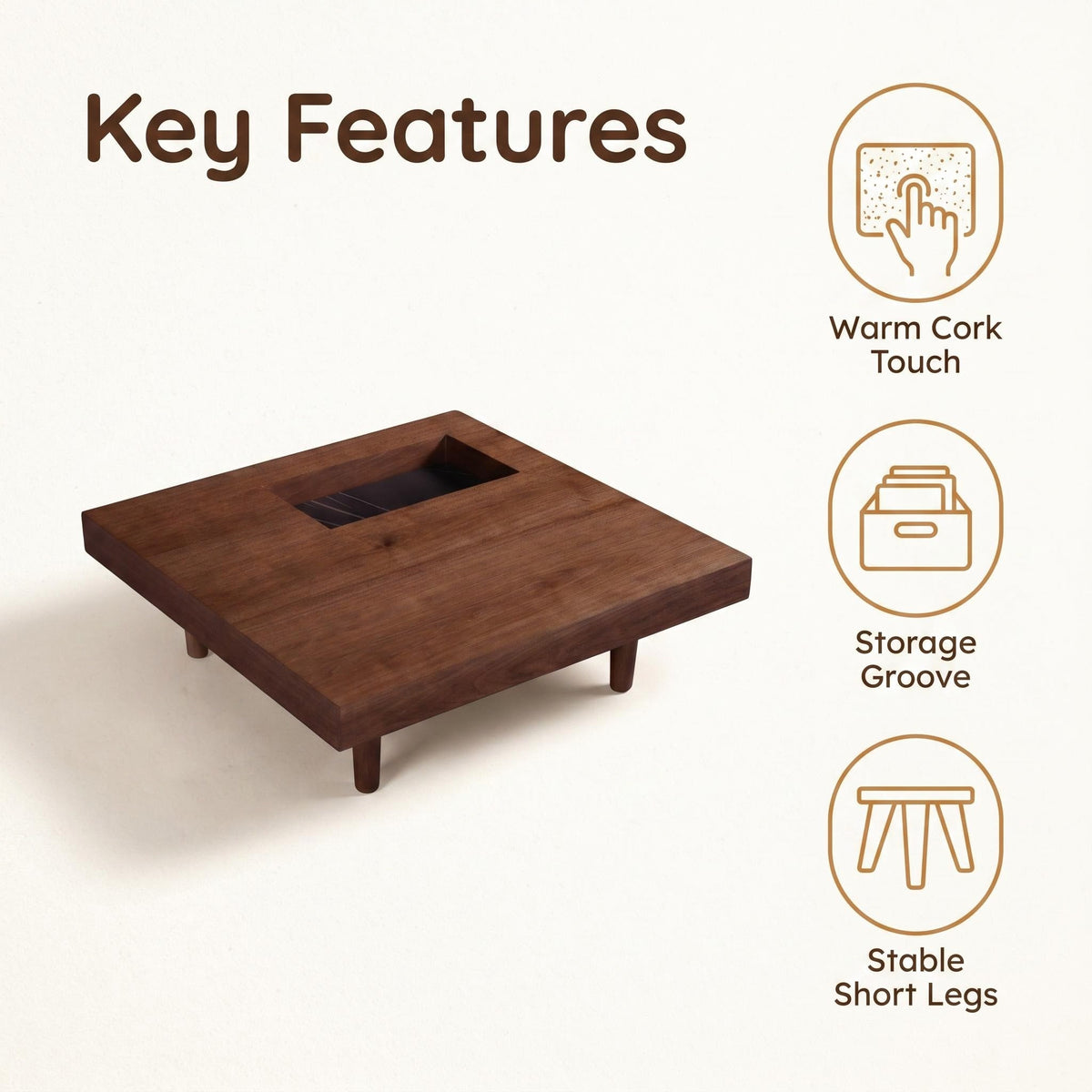 Square wooden coffee table, 34.5 inches, with storage; walnut coffee table suitable for the living room, bedroom or office - Sonkuki