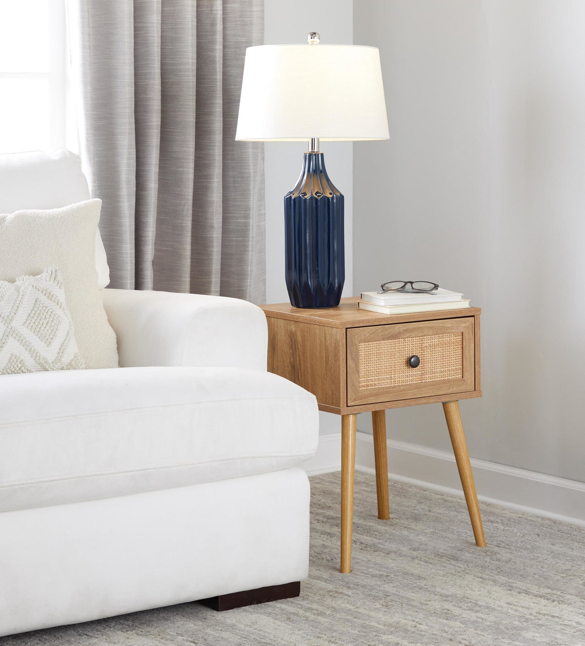 Stella 23" Contemporary Ceramic Table Lamp in Gloss Dark Blue Ceramic with White Shade by LumiSource - Sonkuki