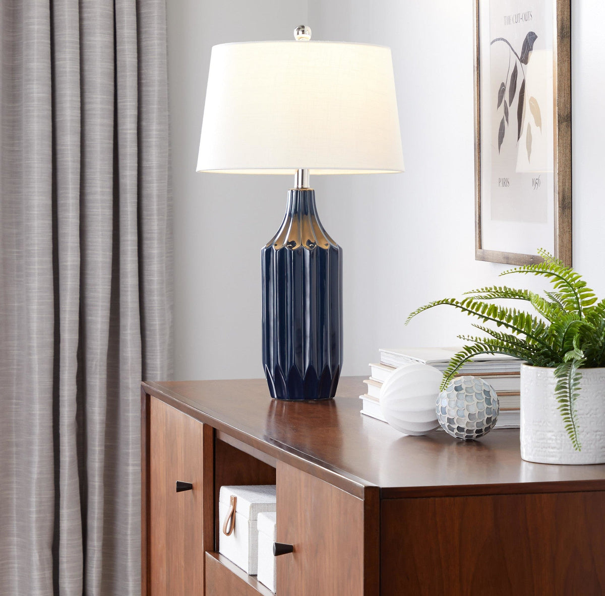 Stella 23" Contemporary Ceramic Table Lamp in Gloss Dark Blue Ceramic with White Shade by LumiSource - Sonkuki