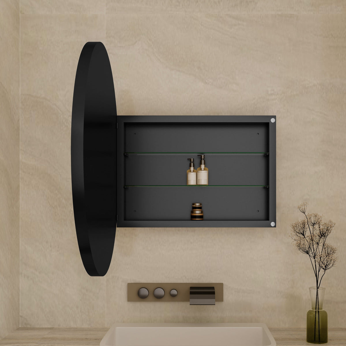 Surface Mount Round Metal Framed Medicine Cabinet with Mirror and Adjustable Shelves - Sonkuki