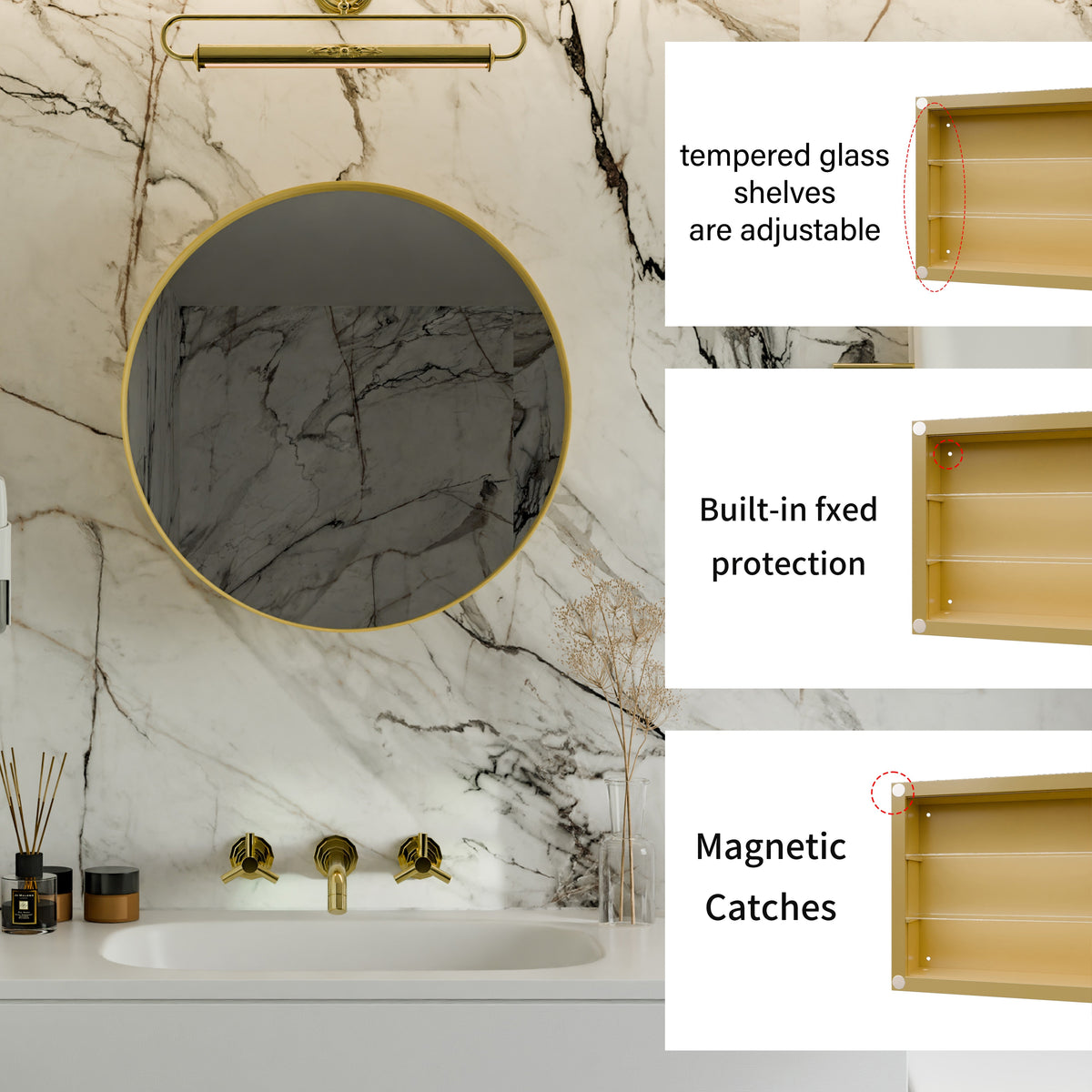 Surface Mount Round Metal Framed Medicine Cabinet with Mirror and Adjustable Shelves - Sonkuki