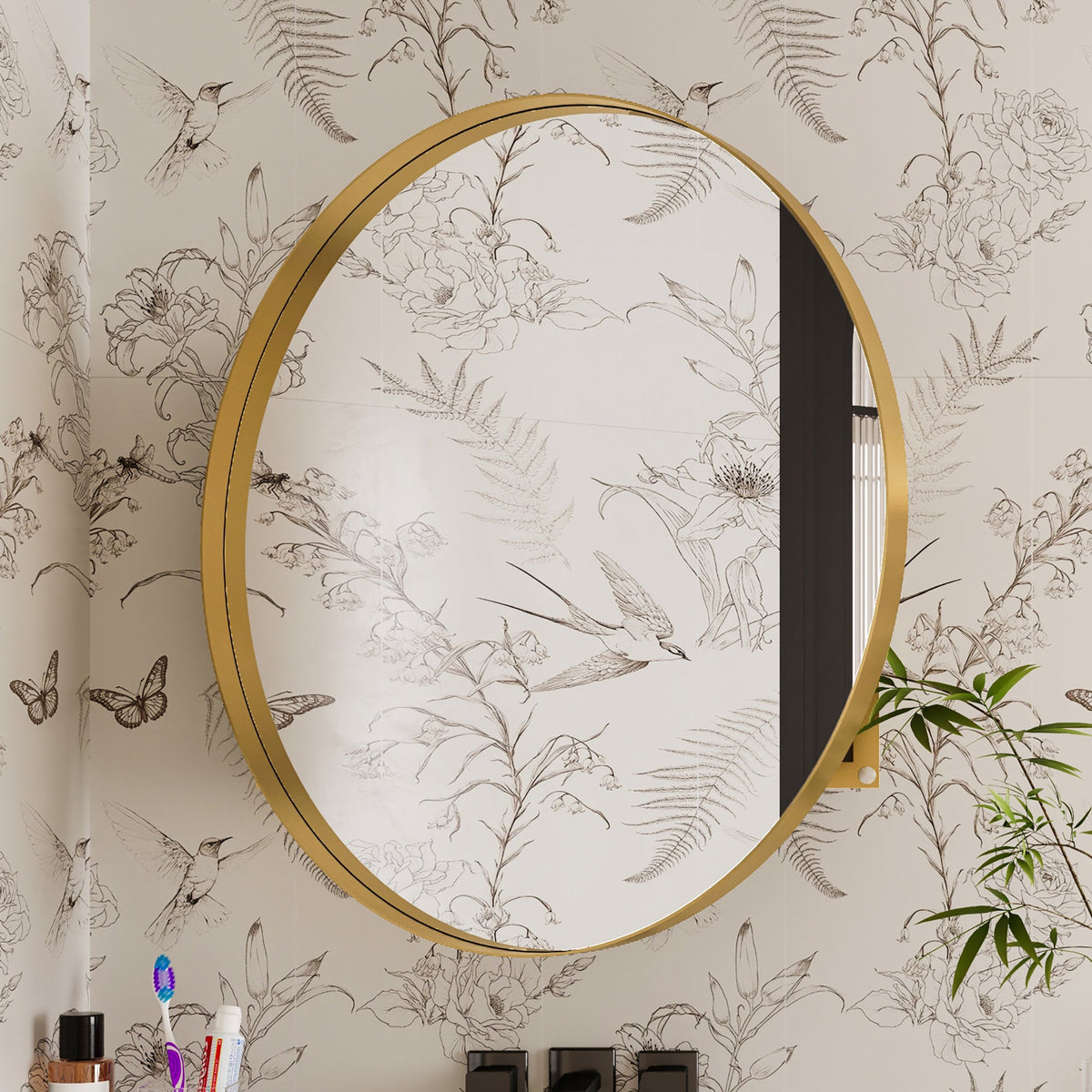 Surface Mount Round Metal Framed Medicine Cabinet with Mirror and Adjustable Shelves - Sonkuki