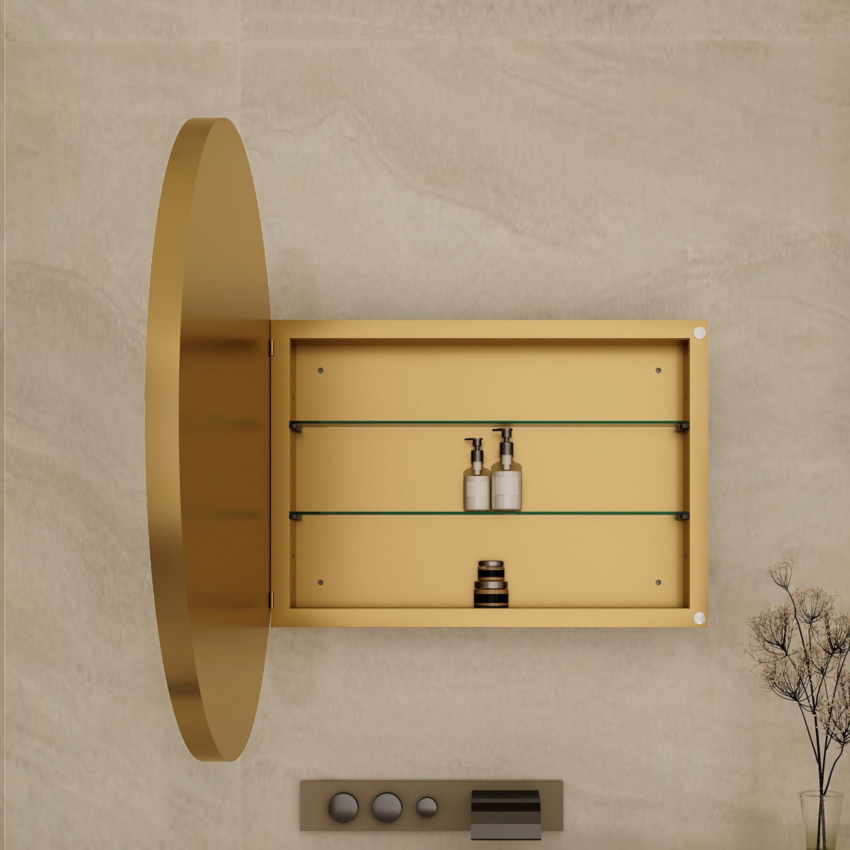 Surface Mount Round Metal Framed Medicine Cabinet with Mirror and Adjustable Shelves - Sonkuki