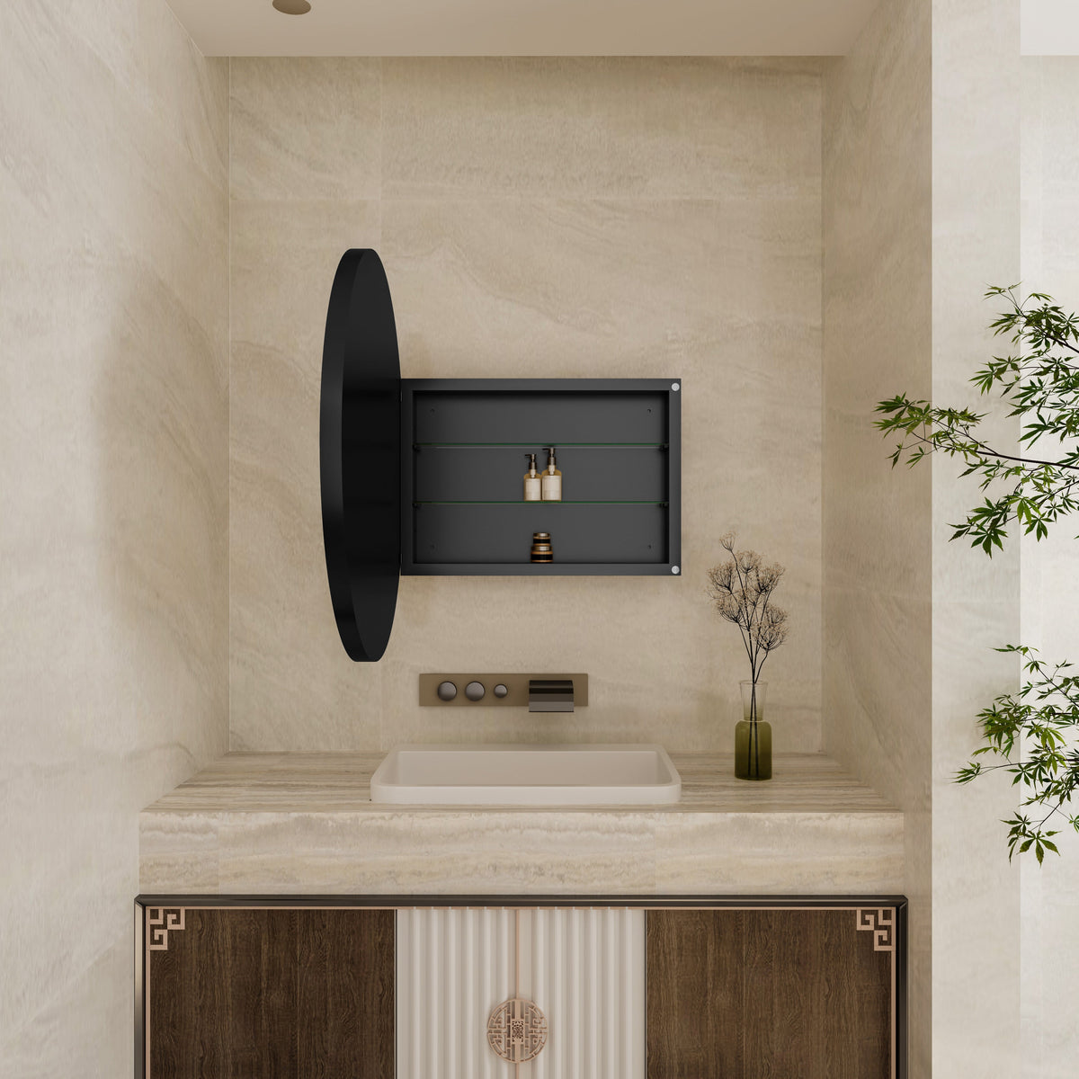Surface Mount Round Metal Framed Medicine Cabinet with Mirror and Adjustable Shelves - Sonkuki