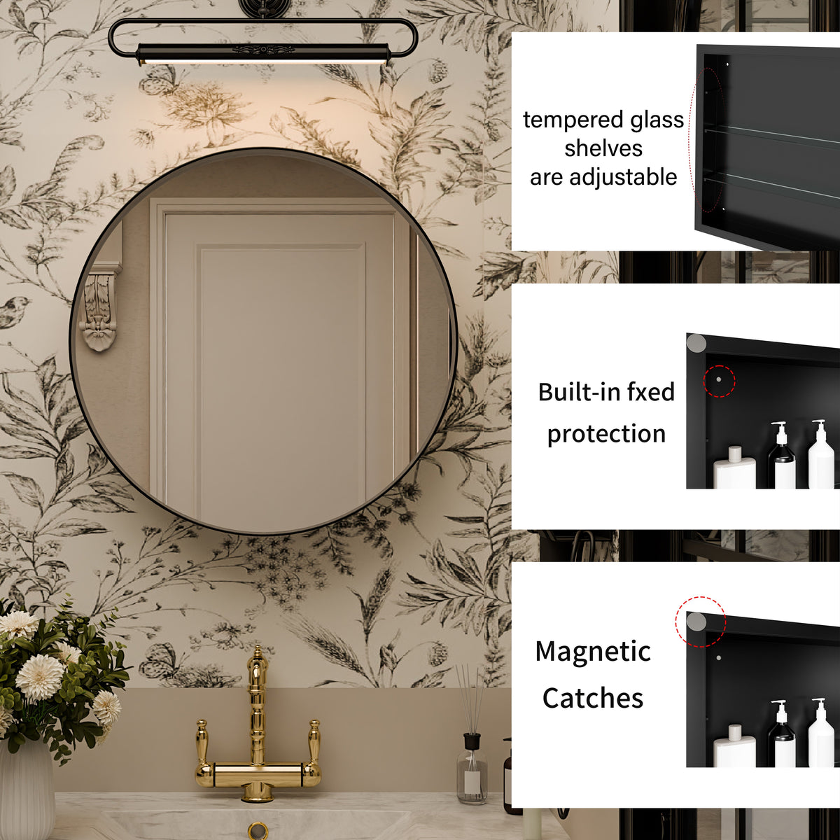Surface Mount Round Metal Framed Medicine Cabinet with Mirror and Adjustable Shelves - Sonkuki