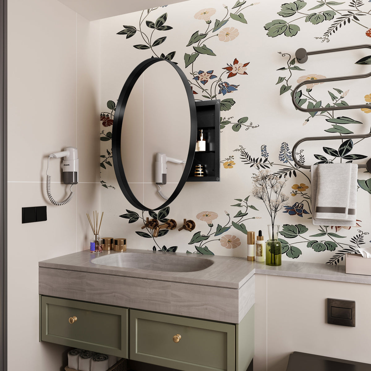 Surface Mount Round Metal Framed Medicine Cabinet with Mirror and Adjustable Shelves - Sonkuki