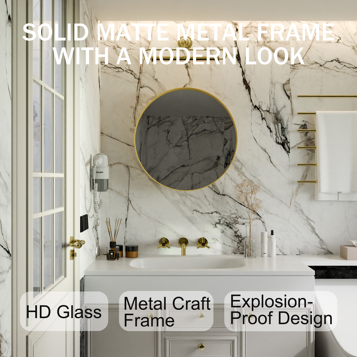 Surface Mount Round Metal Framed Medicine Cabinet with Mirror and Adjustable Shelves - Sonkuki