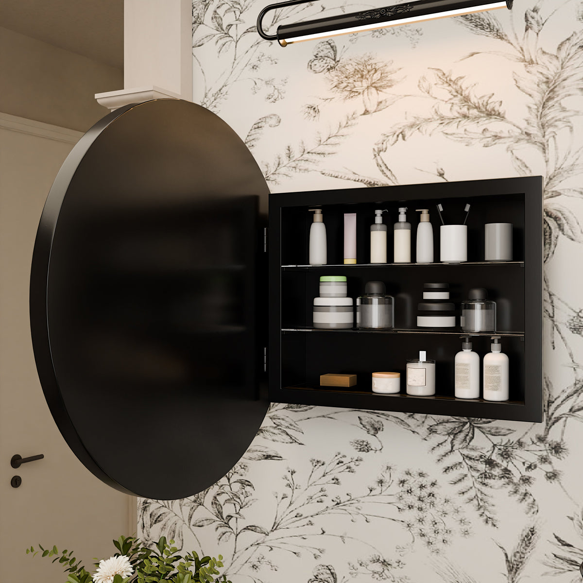 Surface Mount Round Metal Framed Medicine Cabinet with Mirror and Adjustable Shelves - Sonkuki