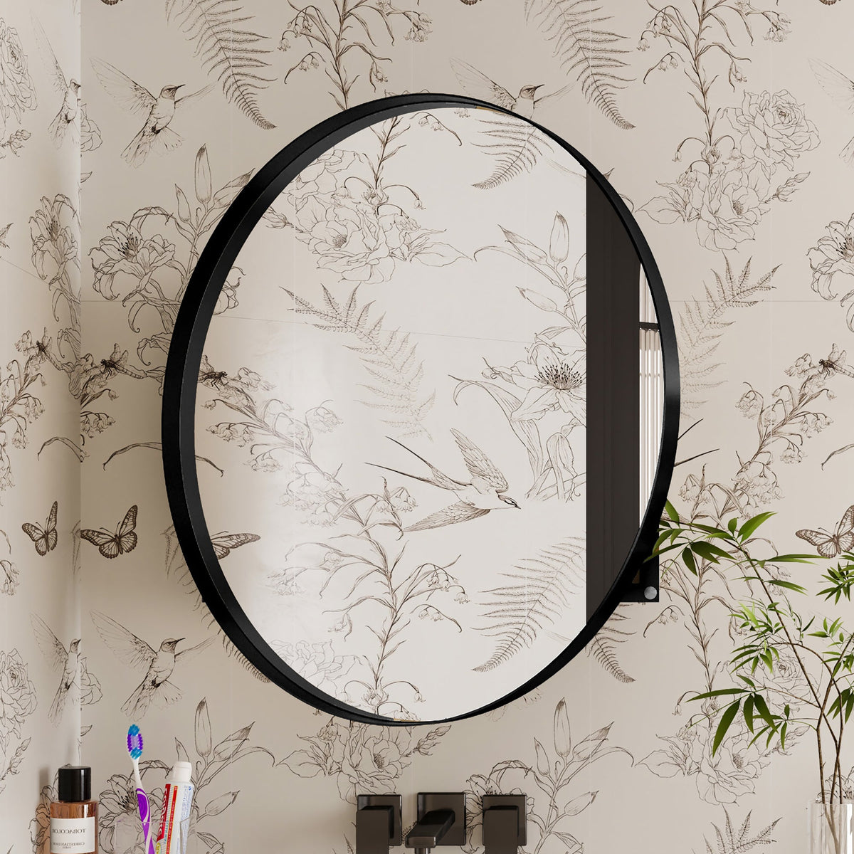 Surface Mount Round Metal Framed Medicine Cabinet with Mirror and Adjustable Shelves - Sonkuki