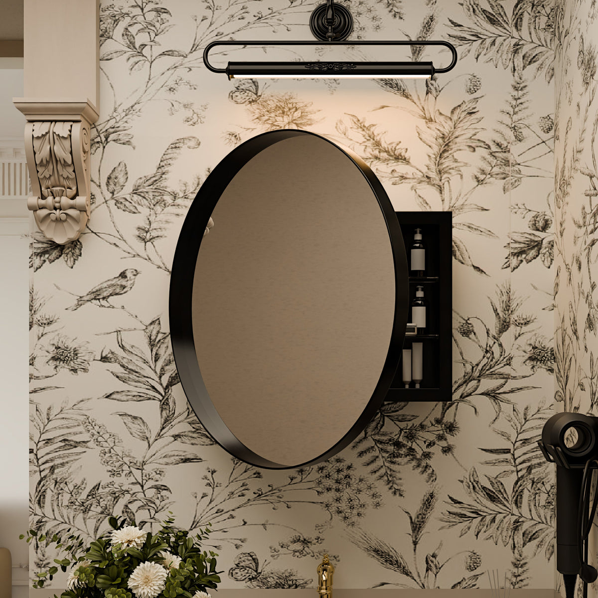 Surface Mount Round Metal Framed Medicine Cabinet with Mirror and Adjustable Shelves - Sonkuki