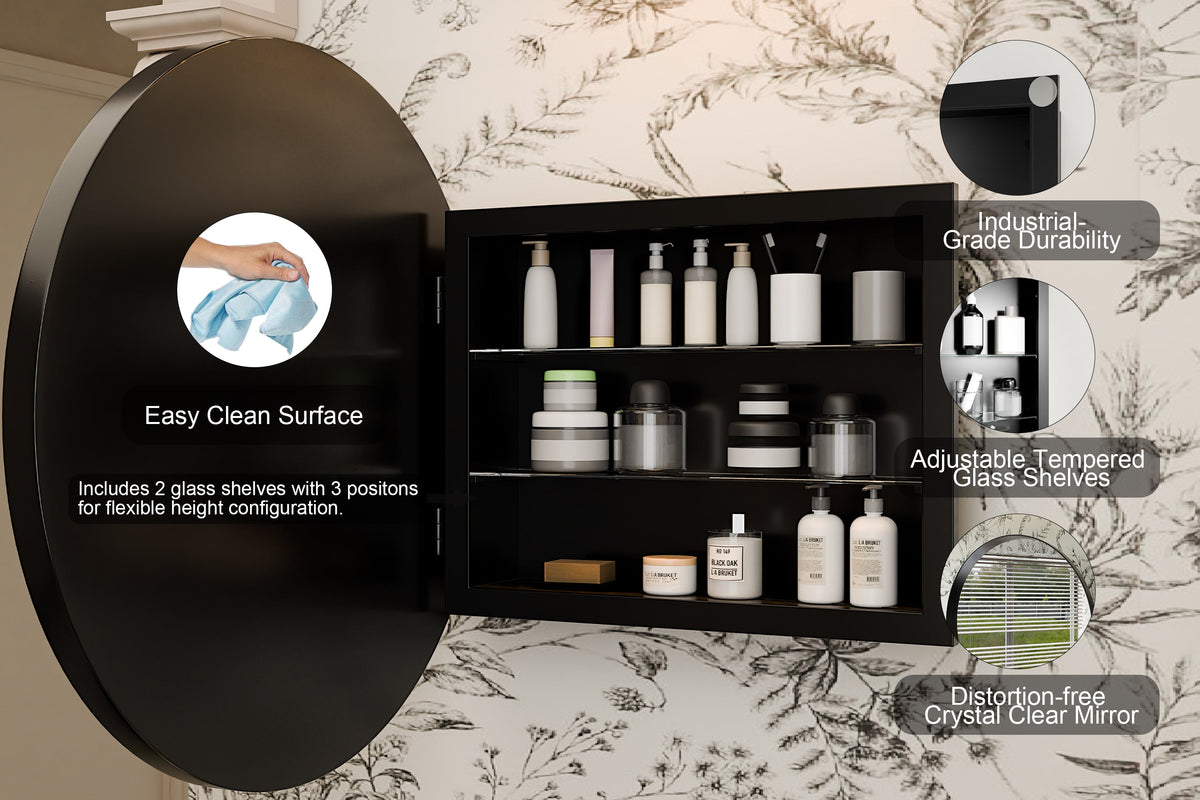 Surface Mount Round Metal Framed Medicine Cabinet with Mirror and Adjustable Shelves - Sonkuki