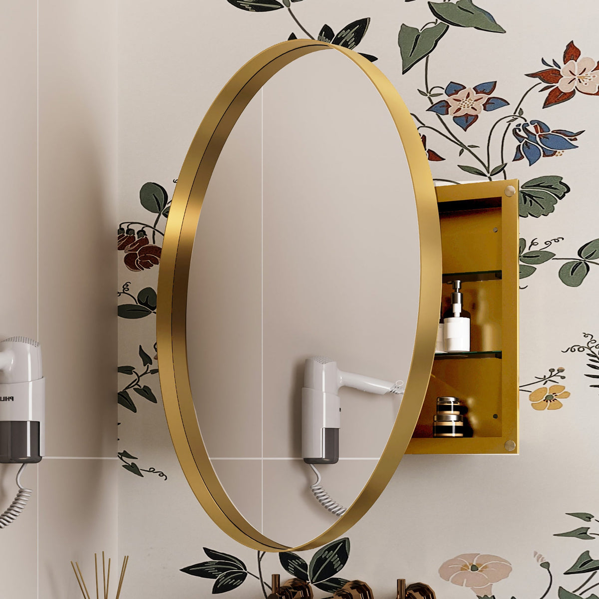 Surface Mount Round Metal Framed Medicine Cabinet with Mirror and Adjustable Shelves - Sonkuki