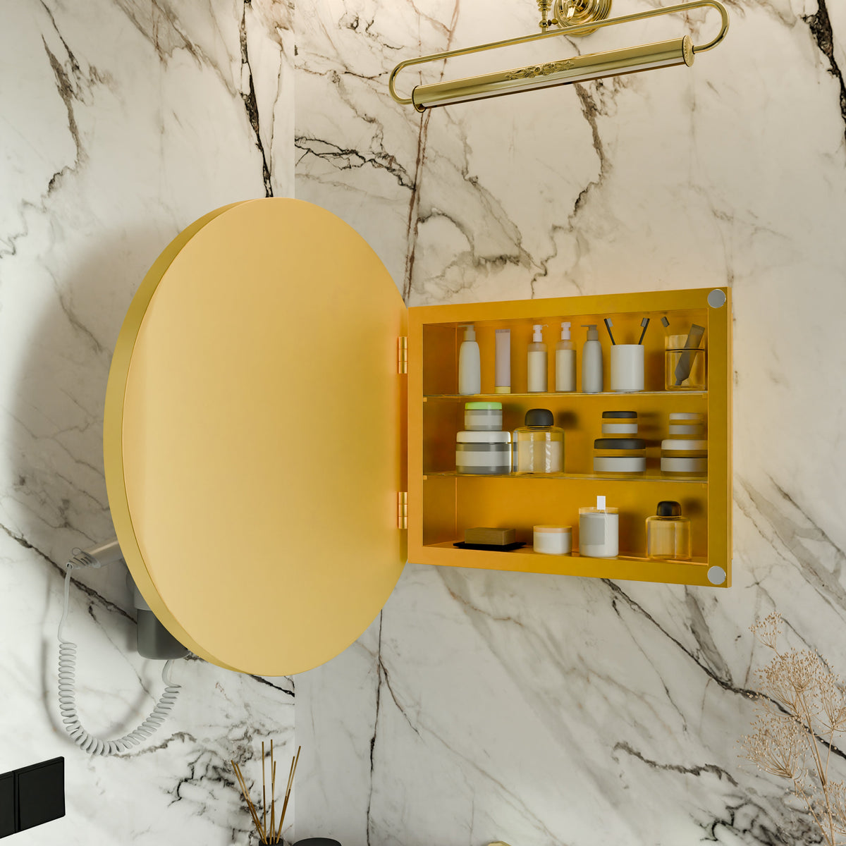 Surface Mount Round Metal Framed Medicine Cabinet with Mirror and Adjustable Shelves - Sonkuki
