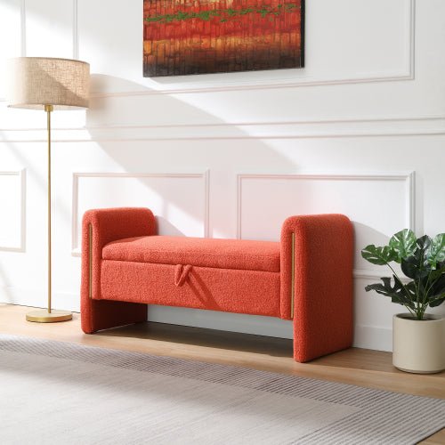 Teddy Fleece Storage Bench with Curved Arms and Metal Trim - Sonkuki