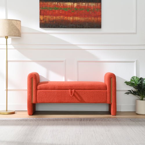 Teddy Fleece Storage Bench with Curved Arms and Metal Trim - Sonkuki