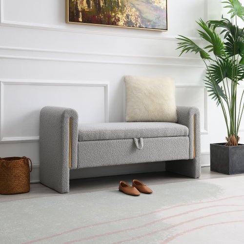 Teddy Fleece Storage Bench with Curved Arms and Metal Trim - Sonkuki