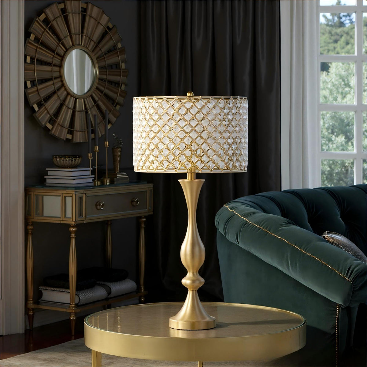 Topaz 27.5" Glam/art Deco Metal Table Lamp in Gold Metal with Clear K9 Crystal and Metal Shade from Grandview Gallery by LumiSource - Sonkuki