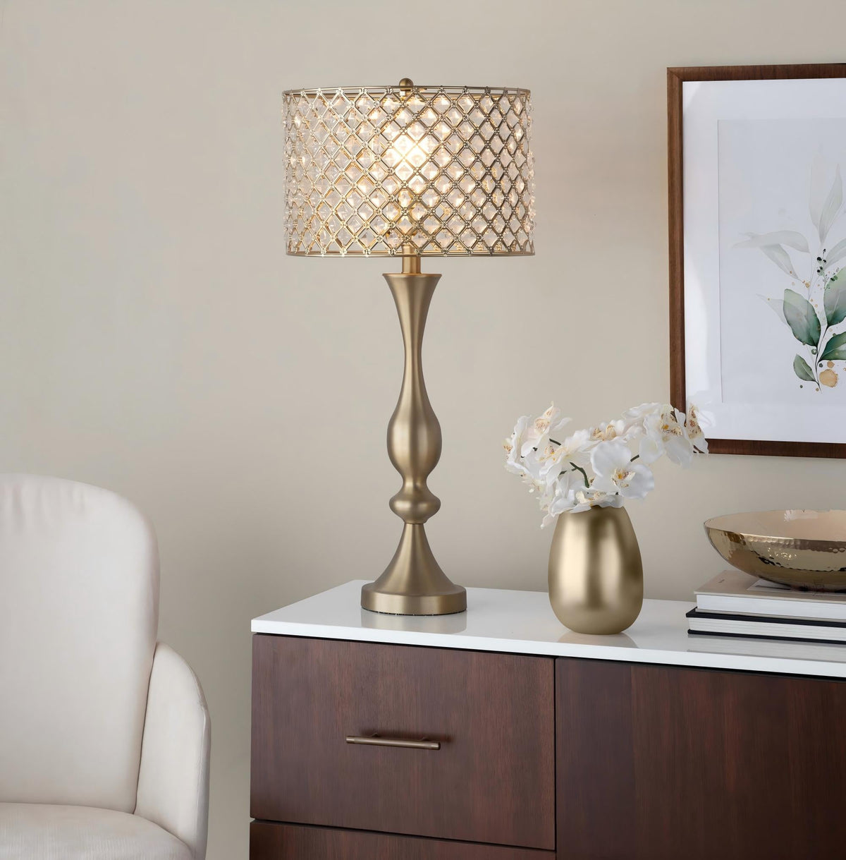 Topaz 27.5" Glam/art Deco Metal Table Lamp in Gold Metal with Clear K9 Crystal and Metal Shade from Grandview Gallery by LumiSource - Sonkuki