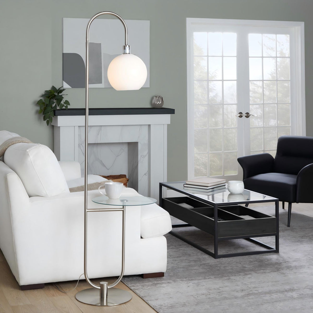Trombone 71" Contemporary/Glam Floor Lamp in Nickel Metal with Clear Tempered Glass Shelf by LumiSource - Sonkuki