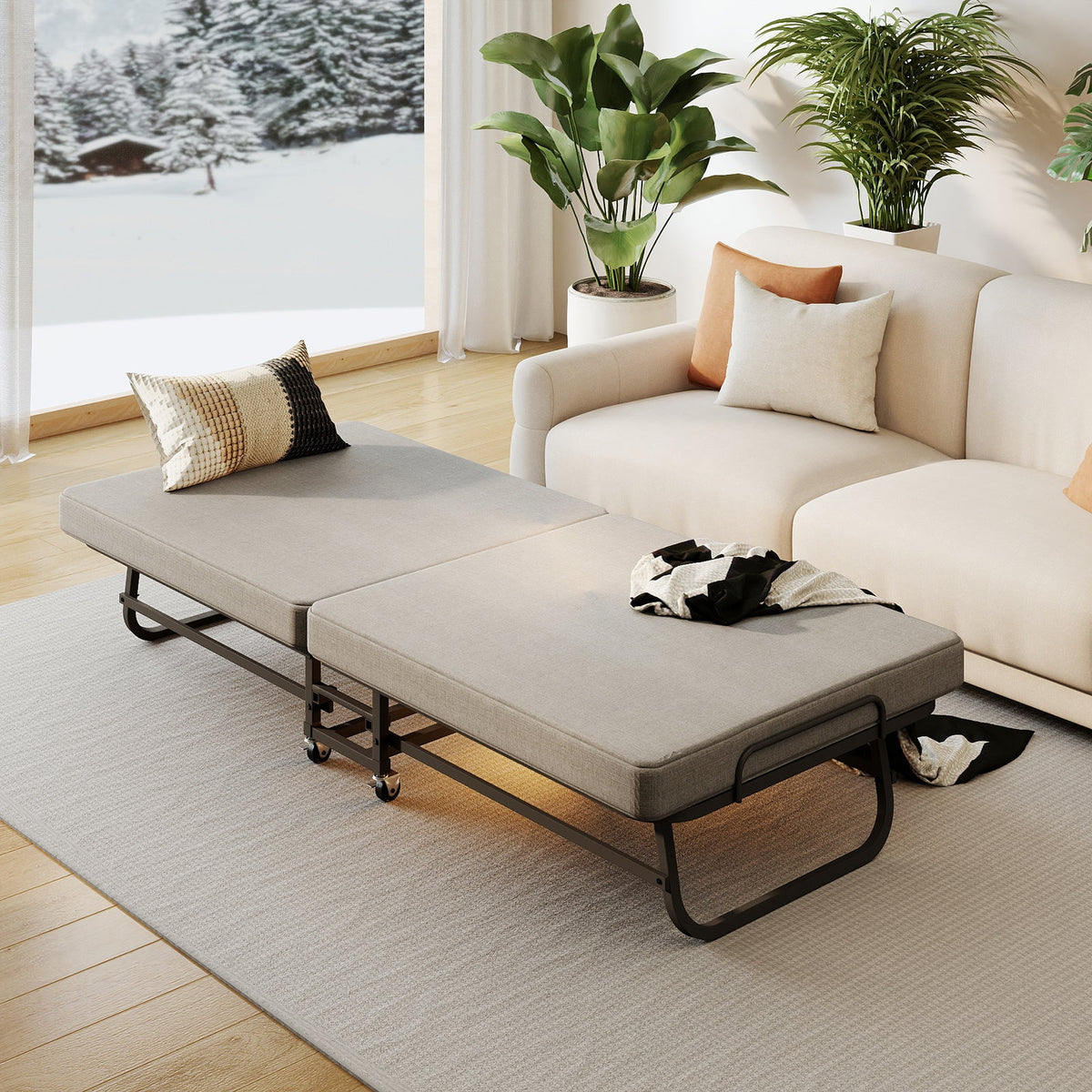 Twin Portable Bi-Fold Guest Bed with Dust Cover and Locking Casters - Sonkuki