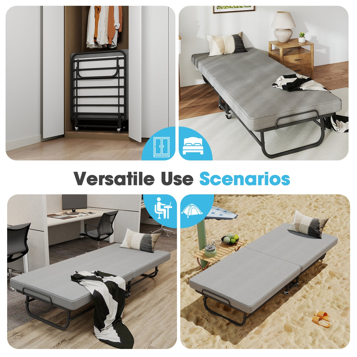 Twin Portable Bi-Fold Guest Bed with Dust Cover and Locking Casters - Sonkuki