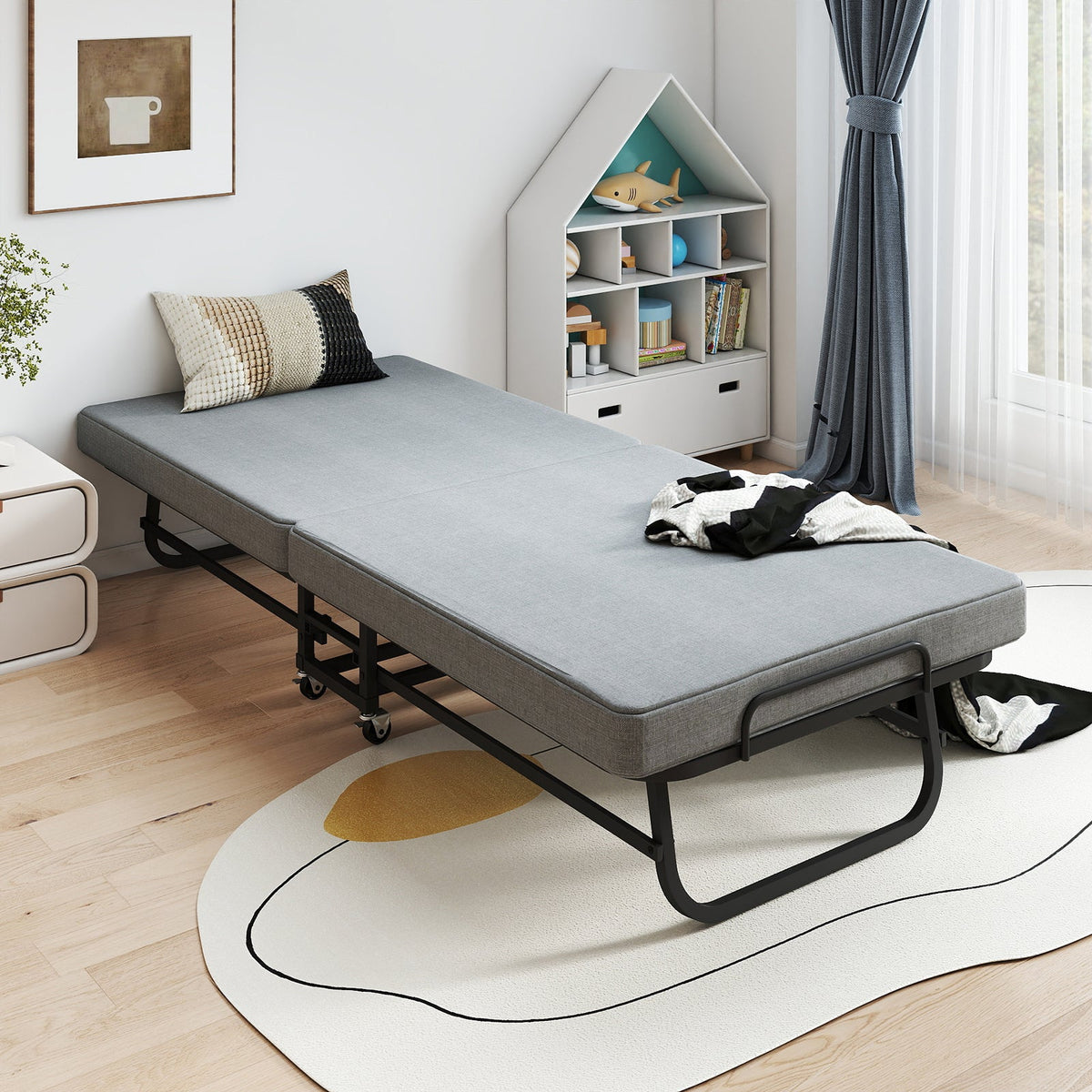 Twin Portable Bi-Fold Guest Bed with Dust Cover and Locking Casters - Sonkuki