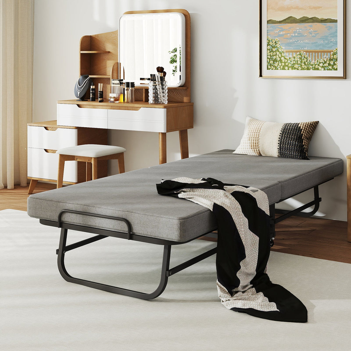 Twin Portable Bi-Fold Guest Bed with Dust Cover and Locking Casters - Sonkuki