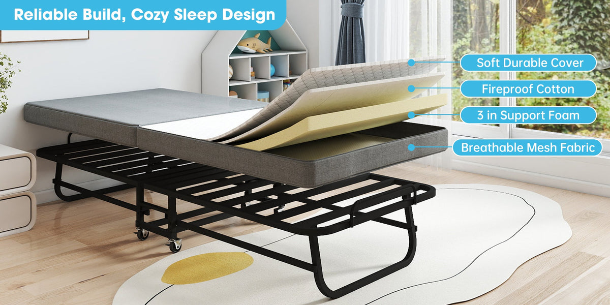 Twin Portable Bi-Fold Guest Bed with Dust Cover and Locking Casters - Sonkuki