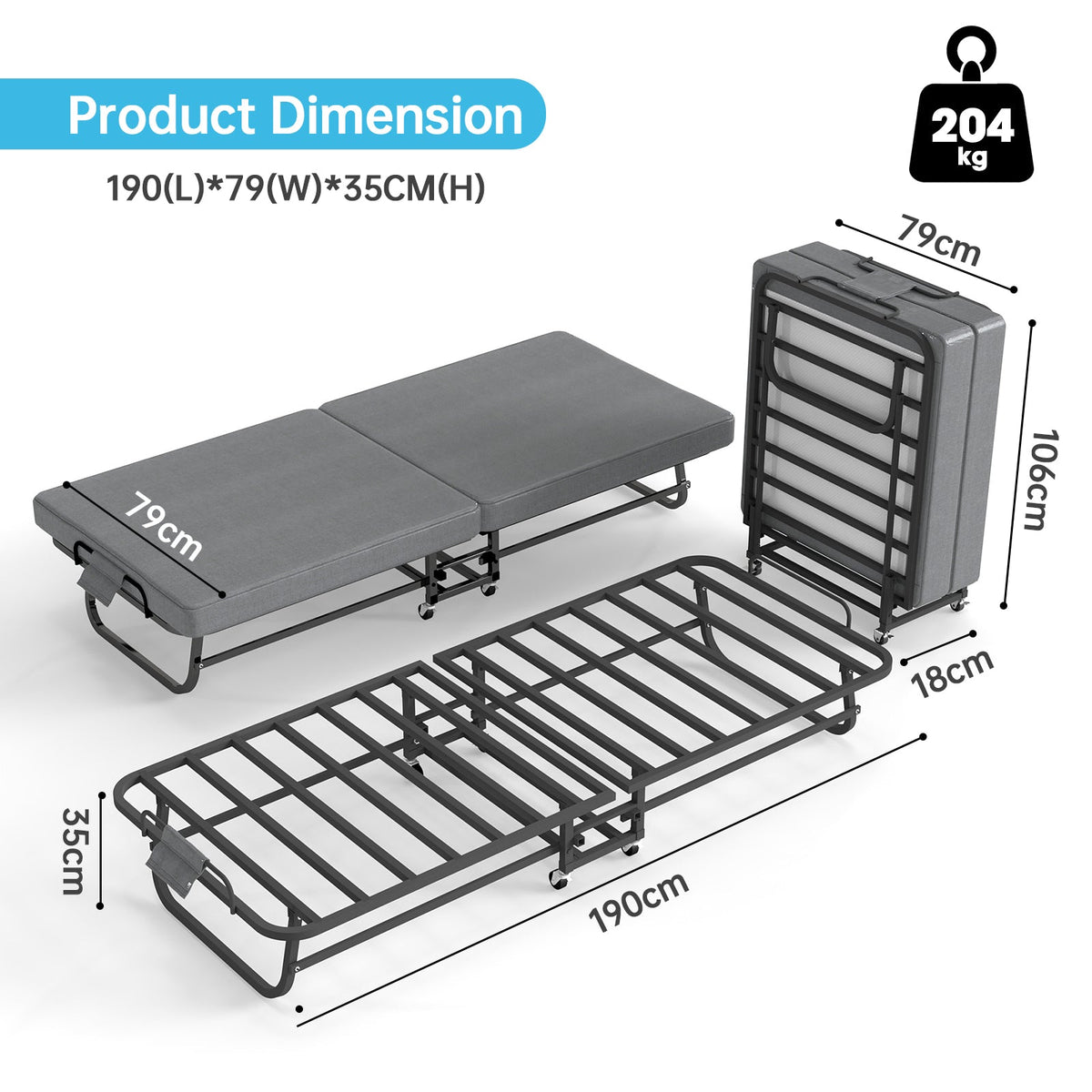 Twin Portable Bi-Fold Guest Bed with Dust Cover and Locking Casters - Sonkuki
