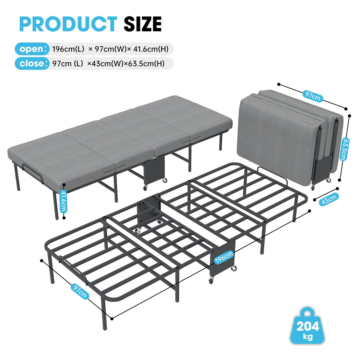 Twin Portable Quad-Fold Guest Bed with Memory Foam Mattress, Dust Cover and Locking Casters - Sonkuki