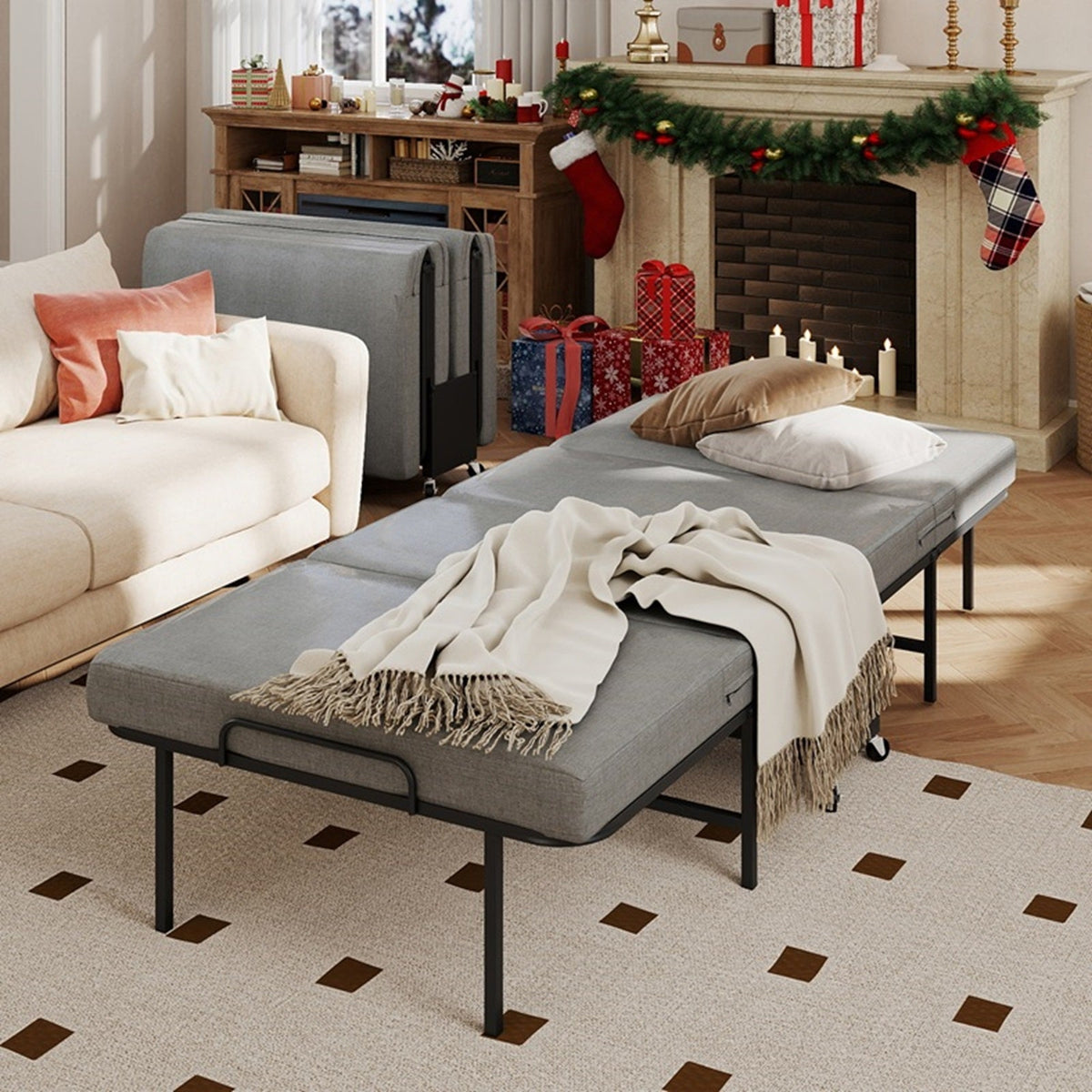 Twin Portable Quad-Fold Guest Bed with Memory Foam Mattress, Dust Cover and Locking Casters - Sonkuki