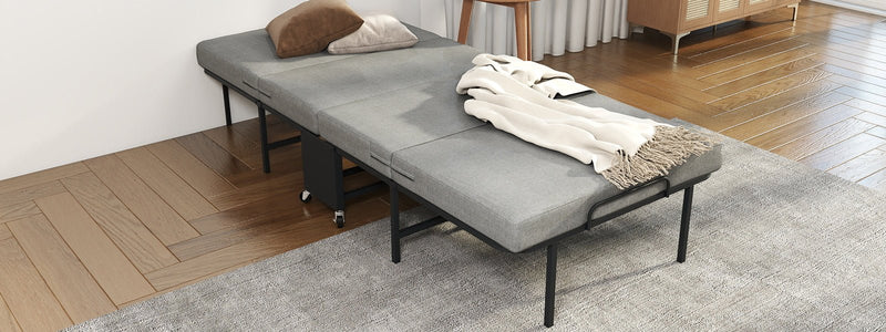 Twin Portable Quad-Fold Guest Bed with Memory Foam Mattress, Dust Cover and Locking Casters - Sonkuki
