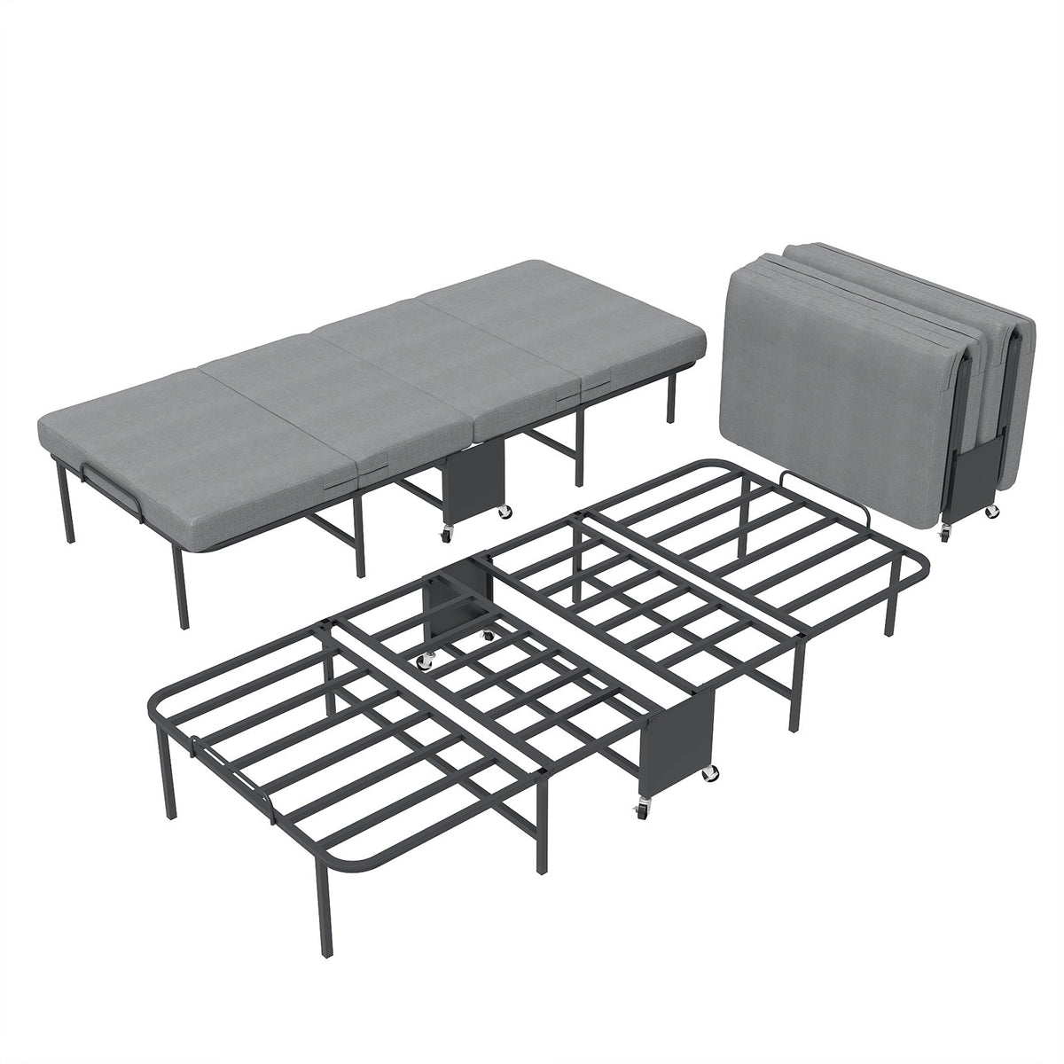 Twin Portable Quad-Fold Guest Bed with Memory Foam Mattress, Dust Cover and Locking Casters - Sonkuki