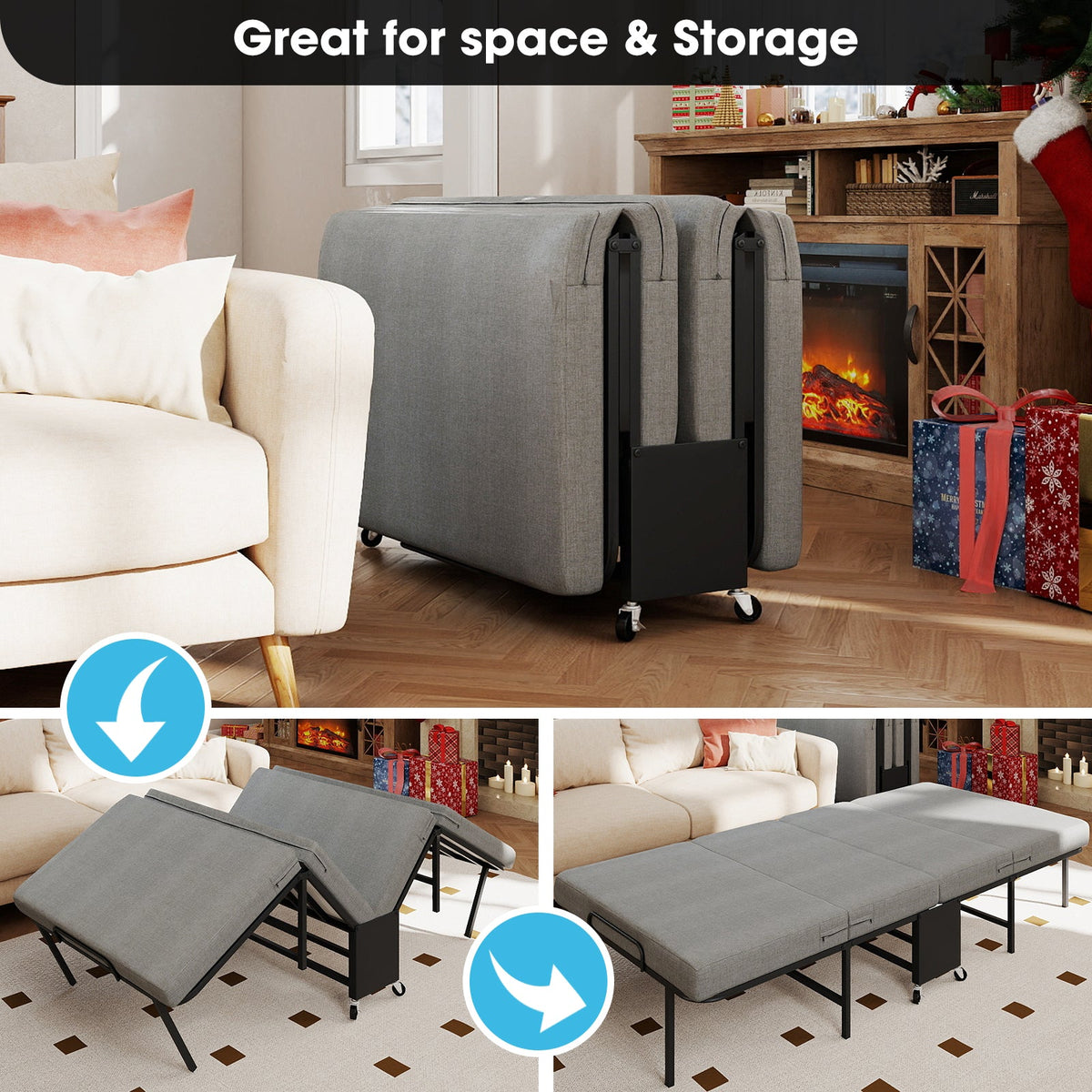 Twin Portable Quad-Fold Guest Bed with Memory Foam Mattress, Dust Cover and Locking Casters - Sonkuki