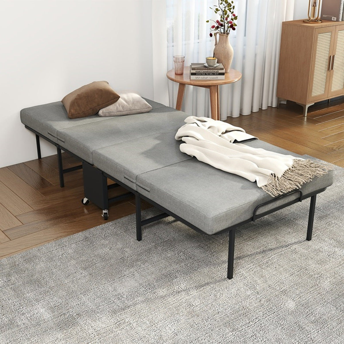 Twin Portable Quad-Fold Guest Bed with Memory Foam Mattress, Dust Cover and Locking Casters - Sonkuki