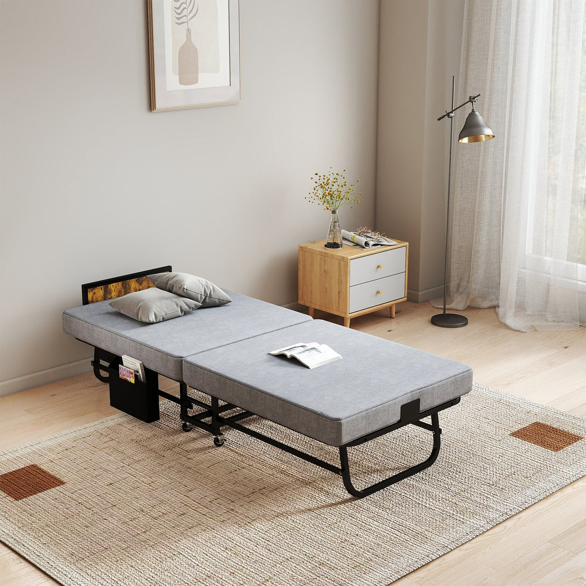 Twin Upgraded Bi-Fold Guest Bed with Headboard, Charging Station, Side Pocket and Locking Casters - Sonkuki
