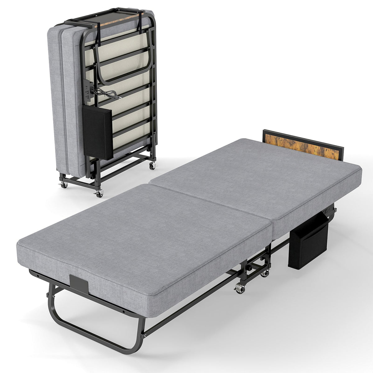 Twin Upgraded Bi-Fold Guest Bed with Headboard, Charging Station, Side Pocket and Locking Casters - Sonkuki