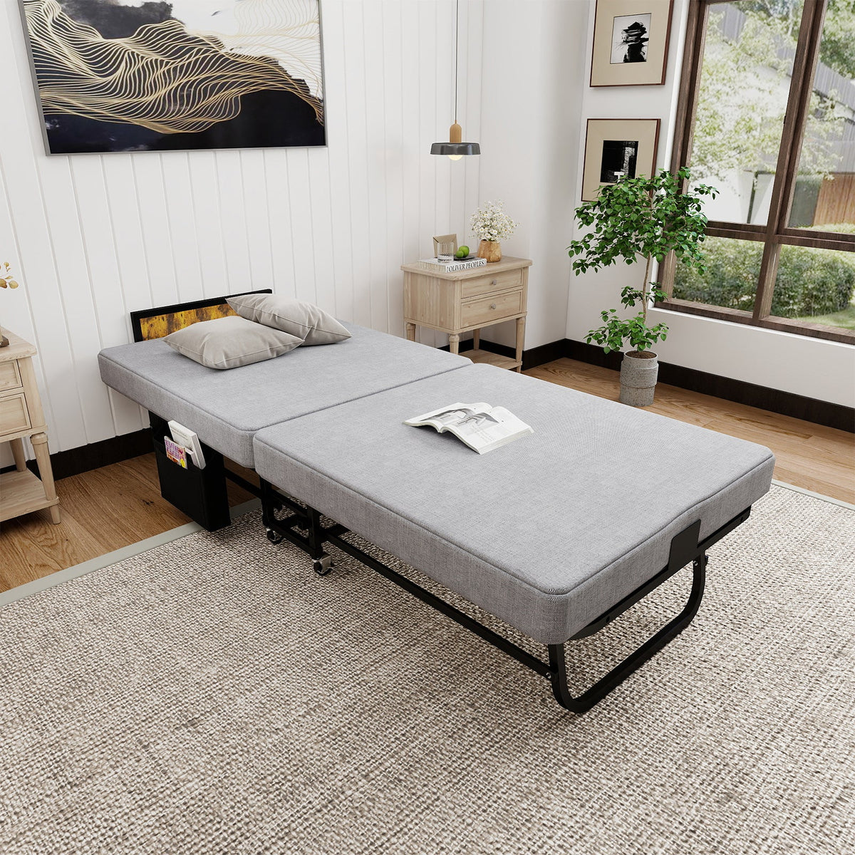 Twin Upgraded Bi-Fold Guest Bed with Headboard, Charging Station, Side Pocket and Locking Casters - Sonkuki