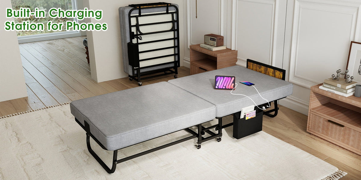 Twin Upgraded Bi-Fold Guest Bed with Headboard, Charging Station, Side Pocket and Locking Casters - Sonkuki