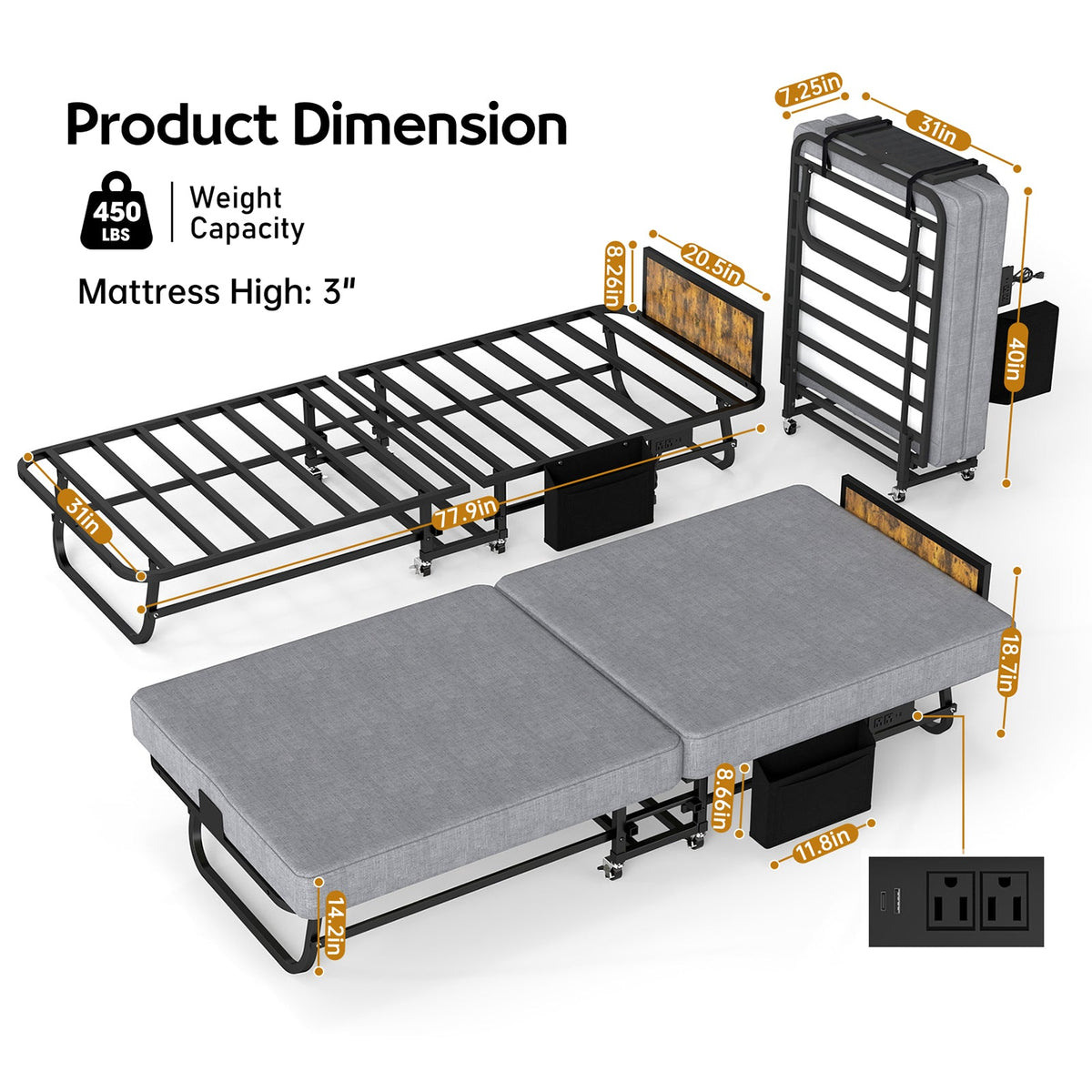 Twin Upgraded Bi-Fold Guest Bed with Headboard, Charging Station, Side Pocket and Locking Casters - Sonkuki