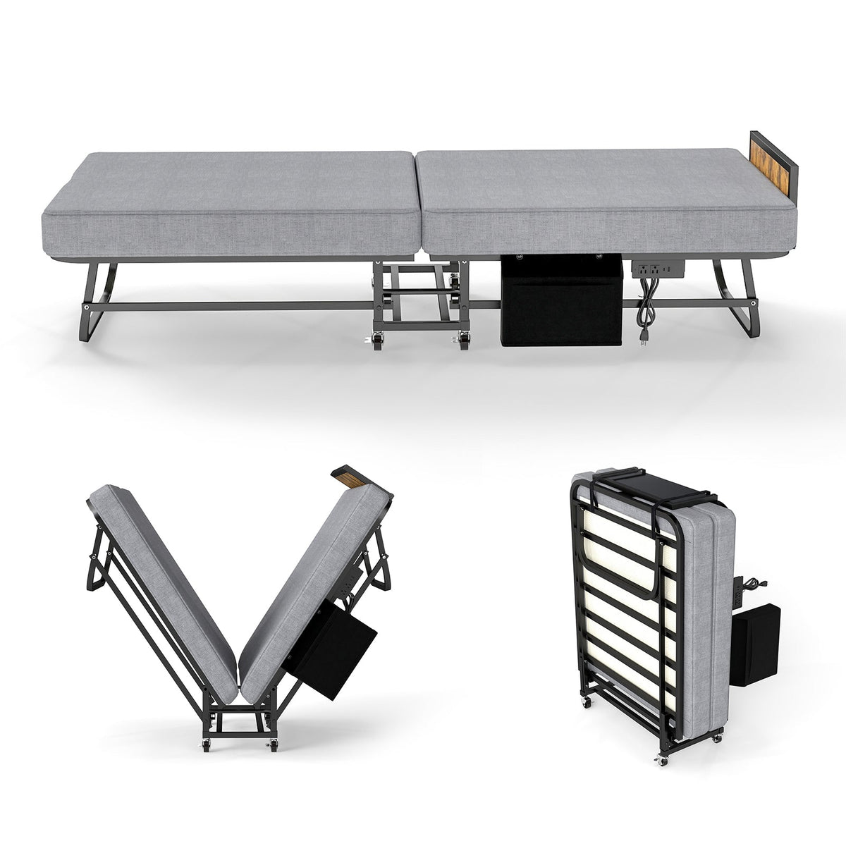 Twin Upgraded Bi-Fold Guest Bed with Headboard, Charging Station, Side Pocket and Locking Casters - Sonkuki