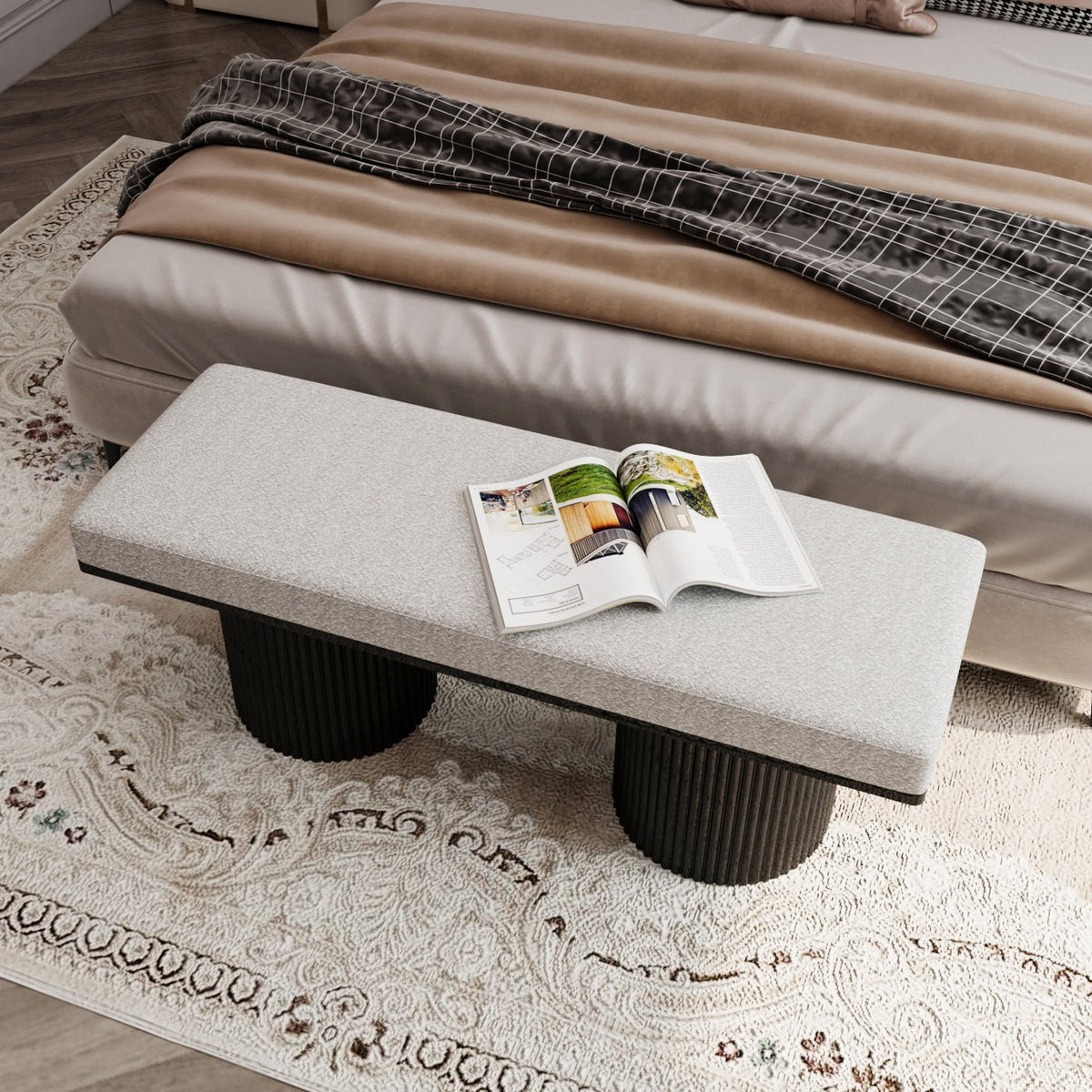 Upholstered Bench with Black Chunky Legs Light Grey Boucle Fabric Contemporary Style Bed-end Bench for Bedroom Living Room - Sonkuki